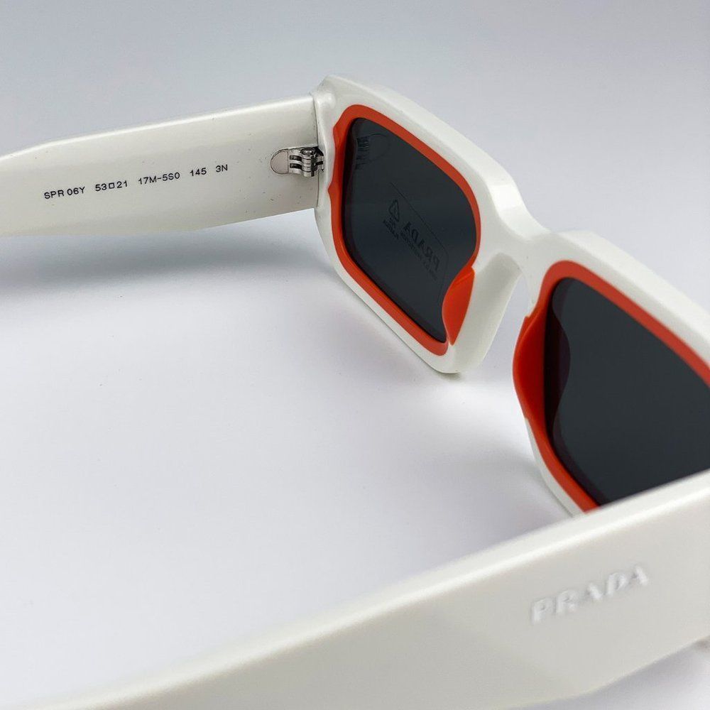 🔥Prada PR06YS 17M5S0 Sunglasses Talc Orange Dark Grey Rectangle Unisex - Picture 12 of 14